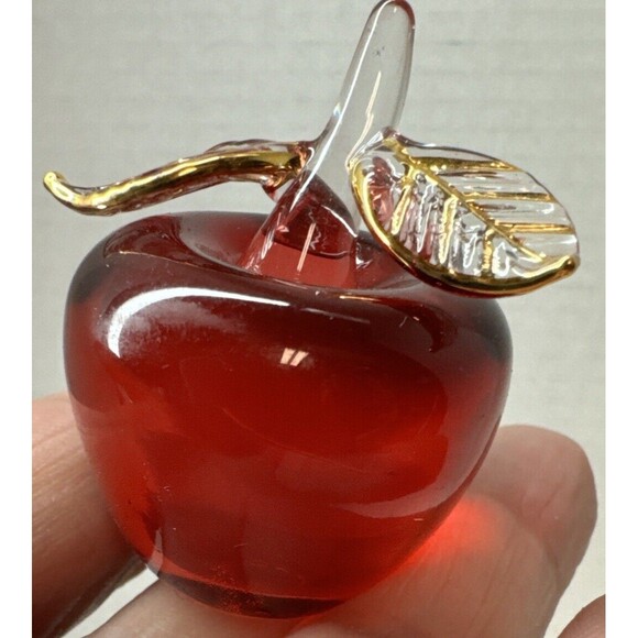 Mini Miniature Apple Fruit Hand Blown Red Art Glass Applied Gold Leaves - Picture 2 of 6